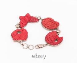 SAJEN Bracelet en argent sterling 925 avec maillons sculptés en corail rouge vintage - BT9878