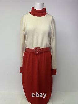 St. John Vintage 6 Rouge Crème Santana Tricot Ceinture Manches Longues Sweater Robe MIDI