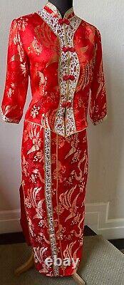 Superbe tenue de mariage chinois traditionnel en jacquard de dragon rouge en 2 pièces.