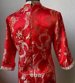 Superbe tenue de mariage chinois traditionnel en jacquard de dragon rouge en 2 pièces.
