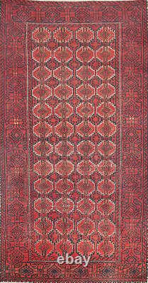 Tapis d'accent balouch vintage rouge/marine 3x6 en laine tribale fait main