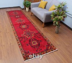 Tapis de couloir oriental traditionnel en laine rouge noué à la main de style vintage 3x11