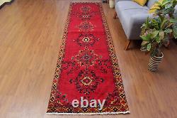 Tapis de couloir oriental traditionnel en laine rouge noué à la main de style vintage 3x11