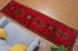 Tapis de couloir oriental traditionnel en laine rouge noué à la main de style vintage 3x11