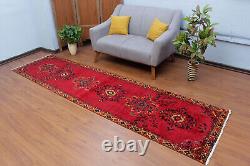 Tapis de couloir oriental traditionnel en laine rouge noué à la main de style vintage 3x11