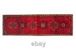 Tapis de couloir oriental traditionnel en laine rouge noué à la main de style vintage 3x11