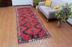 Tapis de couloir traditionnel rouge en laine rouge géométrique vintage noué à la main 3x9