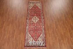 Tapis de coureur Hamedan géométrique rouge / ivoire vintage 3'5 x 9'9 en laine fait main