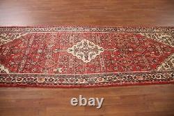 Tapis de coureur Hamedan géométrique rouge / ivoire vintage 3'5 x 9'9 en laine fait main