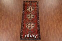 Tapis de coureur Hamedan rouge géométrique vintage 4x9 en tapisserie tribale traditionnelle faite à la main