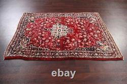 Tapis de zone rouge en laine orientale noué à la main Sirjan floral vintage 4'x6'