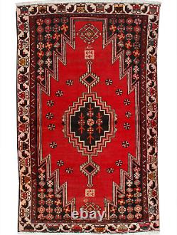 Tapis de zone traditionnel en laine rouge orientale vintage noué à la main de motif géométrique 4x6