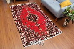 Tapis de zone traditionnel en laine rouge orientale vintage noué à la main de motif géométrique 4x6