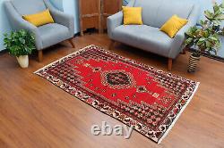 Tapis de zone traditionnel en laine rouge orientale vintage noué à la main de motif géométrique 4x6