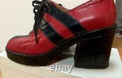 True Retro 70s-80's Leather Black & Red Women’s Disco 3 Platform Shoes Italie