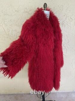 Veste Vintage En Manteau De Fourrure Mongol L'agneau Tibétain Rouge Shaggy Fur Glam Rock
