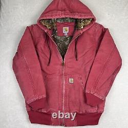 Veste à capuche Carhartt rose et rouge des années 1990, vintage, pour femme, petite taille, doublée de camouflage.