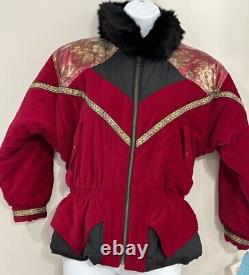 Veste bombardier en velours rouge vintage avec fourrure de lapin métallique de la NWT