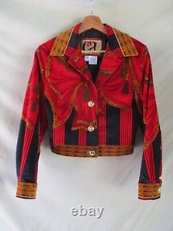 Veste courte vintage en velours baroque rouge, noir et or de Christian Linares CL2, taille 36