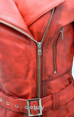 Veste de motard en cuir nappa rouge longue décontractée et vintage pour dames