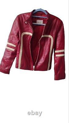 Veste de motard vintage en cuir Wilson Maxima Moto Racing rouge crème pour femmes