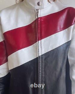 Veste de moto vintage pour femmes en cuir Wilsons à rayures noires, blanches et rouges