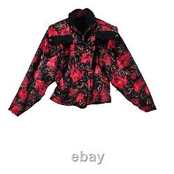 Veste de ski vintage à manches courtes pour femmes de Bogner avec imprimé floral rouge et noir, taille 10