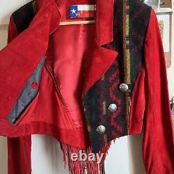 Veste en couverture en cuir rouge vintage avec franges