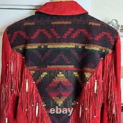 Veste en couverture en cuir rouge vintage avec franges