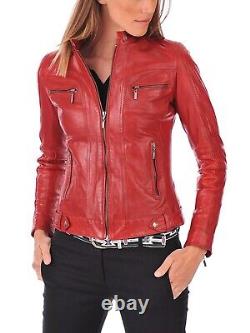 Veste en cuir Taille Femmes Manteau de moto Biker Vintage Rouge 158