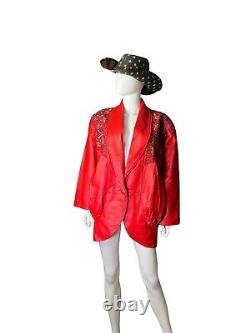 Veste en cuir d'agneau rouge brodée Glam des années 80 pour femme style punk rockabilly taille M/L