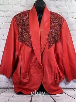 Veste en cuir d'agneau rouge brodée Glam des années 80 pour femme style punk rockabilly taille M/L