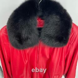 Veste en cuir rouge vintage avec col en fourrure de lapin, taille Small Large des années 1980