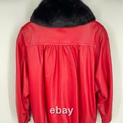 Veste en cuir rouge vintage avec col en fourrure de lapin, taille Small Large des années 1980