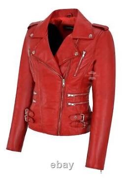 Veste en cuir rouge vintage style motard moto pour dames MYSTIQUE 7113