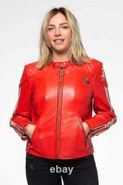 Veste en cuir véritable rouge, coupe slim, style Vintage Café Racer pour femme, motarde.