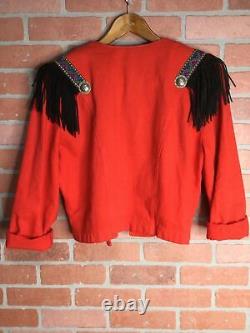 Veste en jean vintage pour femmes à l'avant ouvert rouge avec franges de style western et motif aztèque sud-ouest