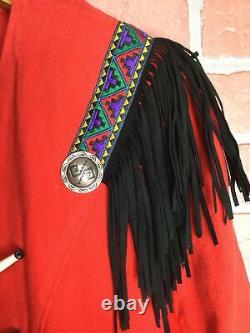 Veste en jean vintage pour femmes à l'avant ouvert rouge avec franges de style western et motif aztèque sud-ouest