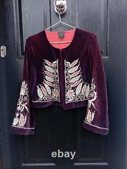 Veste en velours violet Kate Moss Topshop avec broderie folklorique et doublure rouge - Taille 12 (Vtg)