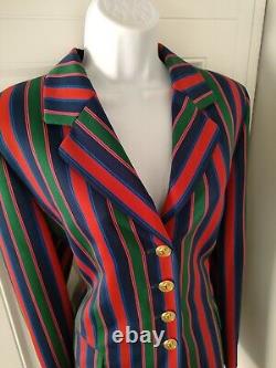 Veste longue en laine à rayures bleues et rouges Vintage Escada Margaretha Ley pour femmes, taille 40