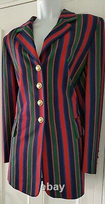 Veste longue en laine à rayures bleues et rouges Vintage Escada Margaretha Ley pour femmes, taille 40
