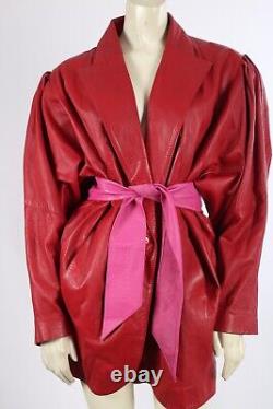 Veste oversize en cuir rouge Pantone vintage avec ceinture et manches longues taille L