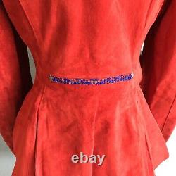 Veste vintage REN ELLIS en daim rouge avec perles embellies, taille SMALL, pour femme.