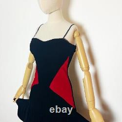 Veuve Noire Vintage des années 90 Robe de cocktail en velours rouge et noir à bustier à baleines et volants taille XS