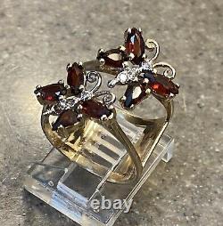 Vintage 14k Garnet D'or Jaune Et Diamant Butterfly Cocktail Ring Sur Mesure