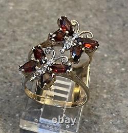 Vintage 14k Garnet D'or Jaune Et Diamant Butterfly Cocktail Ring Sur Mesure