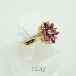 Vintage 14k Or Jaune Cluster Rouge Ruby & Diamant Fleur Anneau Floral