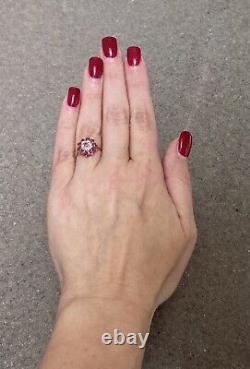 Vintage 14k Or Jaune Rouge Ruby & Diamant Fleur Anneau Floral