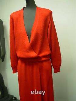 Vintage 1980 Femmes St John Red Knit Low V Neck Skirt Suit Taille 2