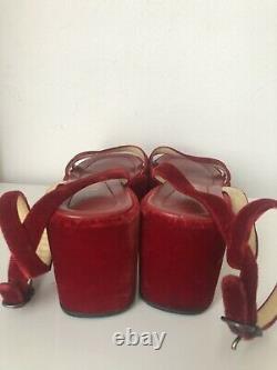 Vintage 1997 Prada Red Velvet Platform Wedge Shoes Sandals Taille Royaume-uni 7 Eur 41